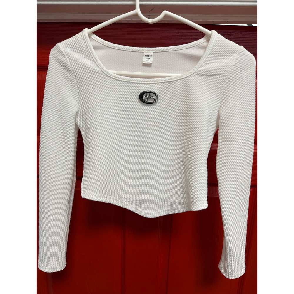Shein Girls White Waffle Knit Long Sleeve Crop Top Rhinestone Emblem Size 12Y